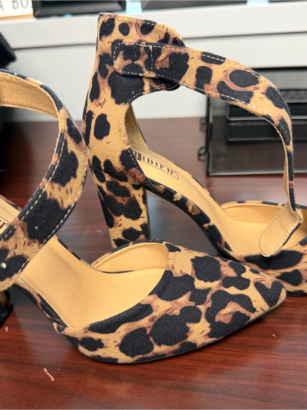 Leopard Print Ankle Strap Heels - Women